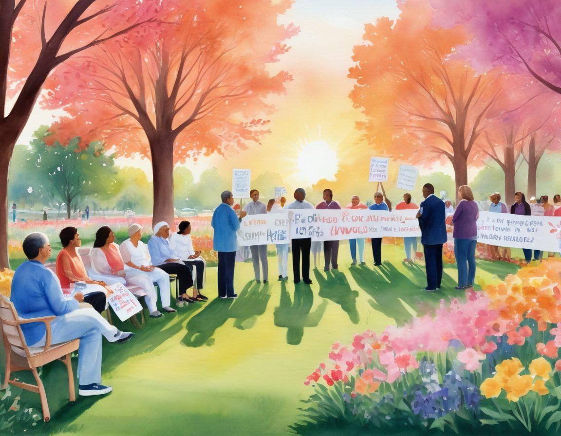 A diverse group of patients and advocates gathered in a park, passionately discussing cancer prevention strategies, surrounded by banners promoting legislation and awareness. Bright flowers symbolize hope and resilience, while a soft sunset casts a warm glow. Include a blend of individuals from different backgrounds to represent unity in advocacy. watercolor style. vibrant colors.