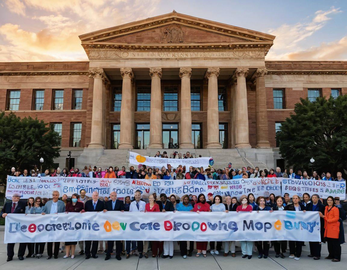 A powerful scene depicting a diverse group of patients and advocates standing together in front of a large, symbolic building representing legislative change. The patients are holding banners with messages of hope and strength, while the backdrop shows a sunrise symbolizing new beginnings in cancer care. Soft, warm colors fill the sky to evoke optimism, with detailed expressions of determination on each person's face. super-realistic. vibrant colors. soft focus.
